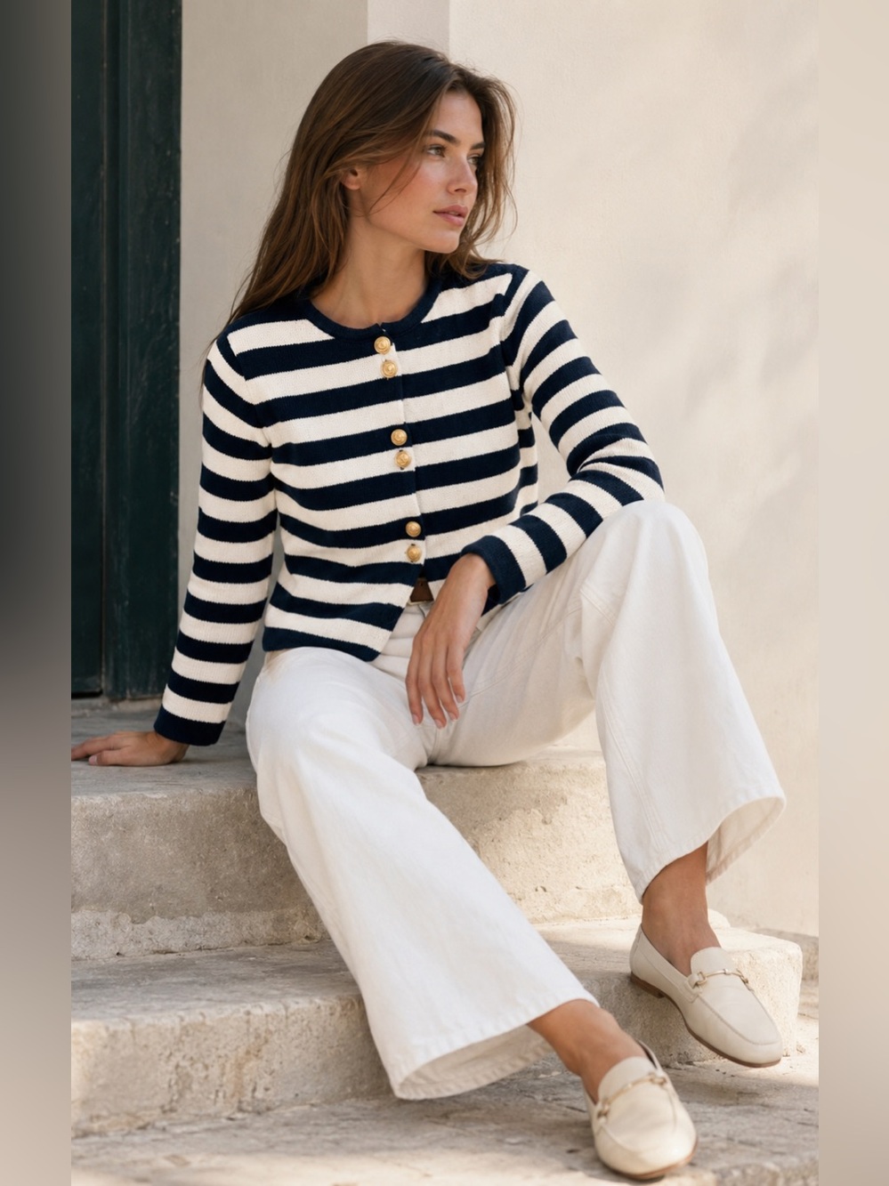 ZARA Navy & Cream Striped Gold Button Knit Cardigan Size M